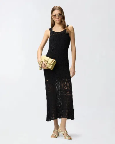 Pinko Juncus Intricate Lace Cotton Midi Dress In Black