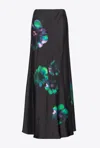 Pinko Long Satin Skirt With Floral Print In Nero/verde
