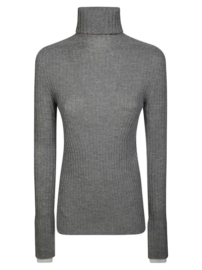 Pinko High-neck Ribbed Cashmere-blend Sweater With Lurex Cuffs In Grey