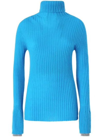 Pinko High-neck Ribbed Cashmere-blend Sweater With Lurex Cuffs In Blue