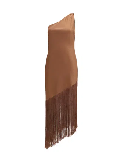 Pinko Brown Dress With Asymmetrical Design And Fringes In Tech Fabric Woman