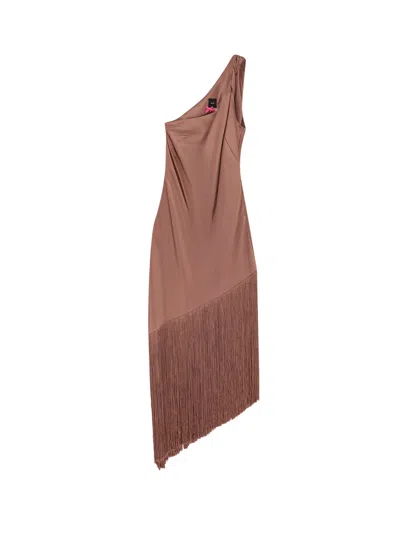 Pinko Kiwi Satin Dress With Fringe In Brown