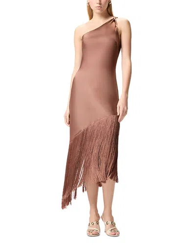 Pinko Brown Dress With Asymmetrical Design And Fringes In Tech Fabric Woman