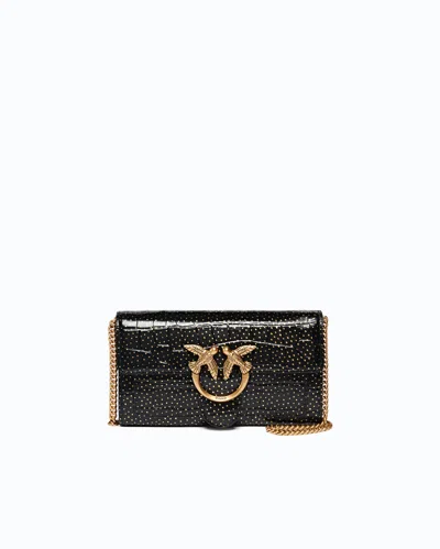 Pinko Love Bag One Wallet Small Crossbody Wallet In Crocodile-print Leather With Polka Dots In Black