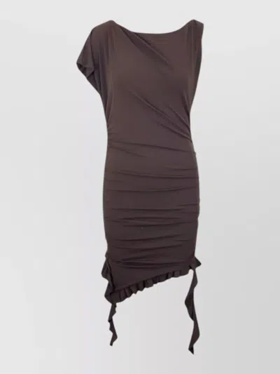 Pinko Knee Length Dress Asymmetric Neckline Ruched In Brown