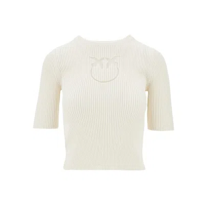 Pinko Knitted T-shirt With Sheer Logo In Beige