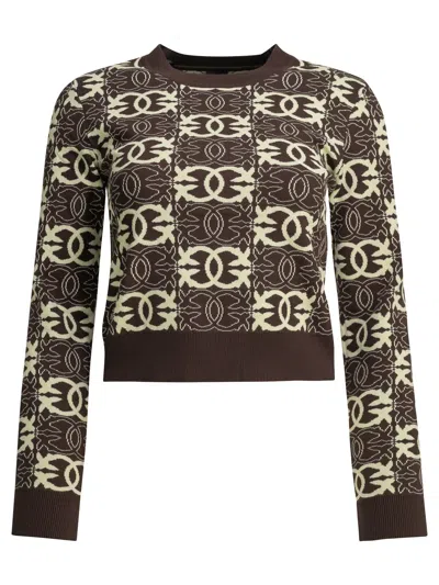 Pinko Crew Neck Cropped Knit Top Long Sleeves In Brown