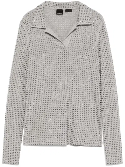 Pinko Collared Long Sleeve Textured Fabric Top In Grey
