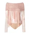 Pinko Sheer Lace Bodysuit With Open Shoulders In Nude