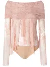 Pinko Sheer Lace Bodysuit With Open Shoulders In Pink