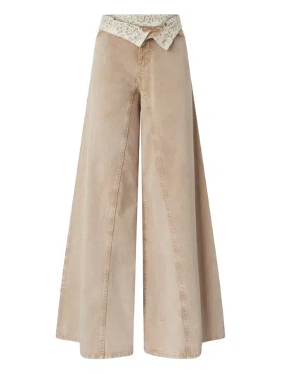 Pinko Lace-detail Wide Leg Trousers In Neutral