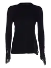 Pinko Black Sweater With Lace Details And Logo Patch On The Back In Cotton Blend Woman