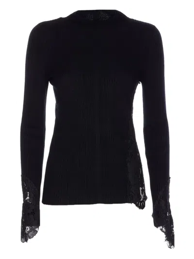Pinko Lace-insert Ribbed Sweater In Black