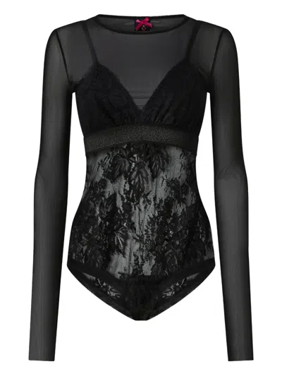 Pinko Lace-panel Long-sleeve Bodysuit In Black