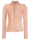 Pinko Lace-panel Laminated High-neck Blouse In Beige
