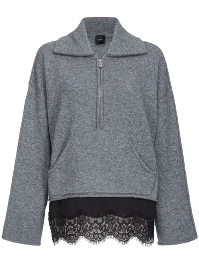 Pinko Cashmere Blend Sweater With Zipper And Lace Hem In Grey/black