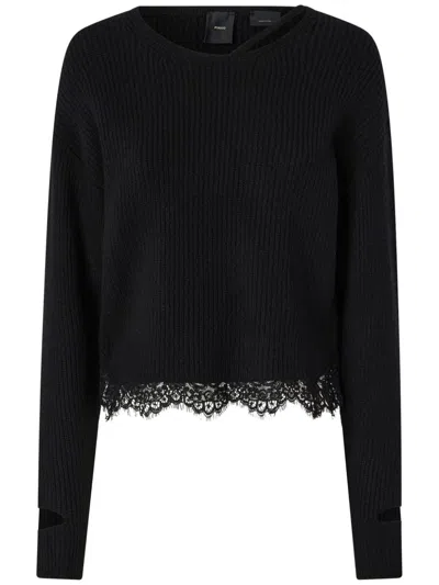 Pinko Asymmetric Neck Lace Trim Sweater In Black