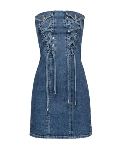 Pinko Lace-up Denim Minidress In Blue