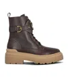 Pinko Leather Combat Boots With Branded Front Strap In Black