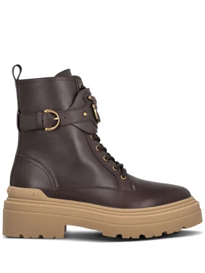 Pinko Leather Combat Boots With Branded Front Strap In Brown