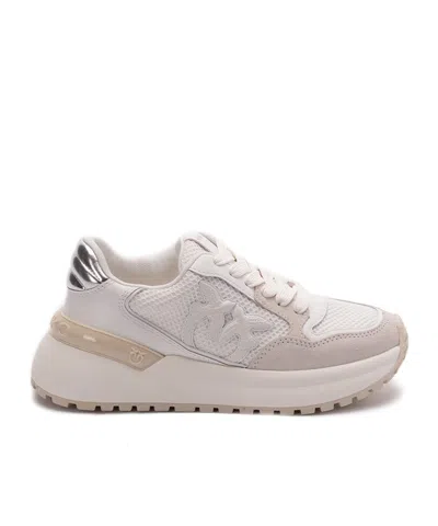 Pinko White Lace Up Sneakers In Beige