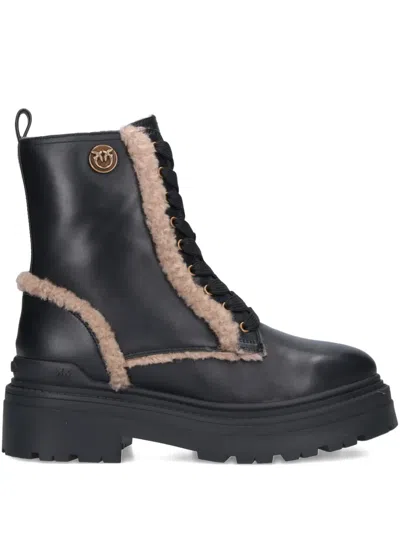 Pinko Lace-up Shearling Trim Boots In Black