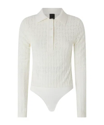 Pinko Long-sleeve Bodysuit With Open-knit Pattern And Polo Collar In White