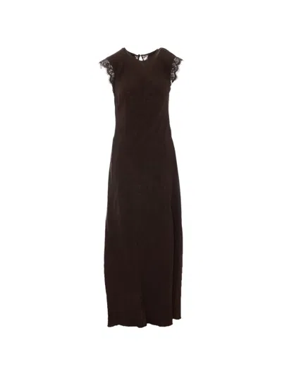 Pinko Lace-trim Floral-jacquard Maxi Dress In Brown