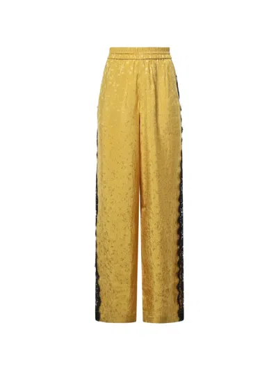 Pinko Lace-trim Floral-jacquard Trousers In Yellow