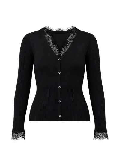 Pinko Lace-trim Ribbed Cardigan In Black