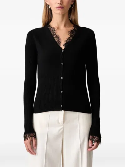 Pinko Lace-trim Ribbed-knit Wool Cardigan In Black