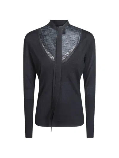 Pinko Soffio 100 Wool Lace Trim Knit Long Sleeve Top In Black