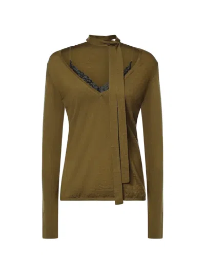 Pinko Lace-trim Tie-neck Sweater In Green