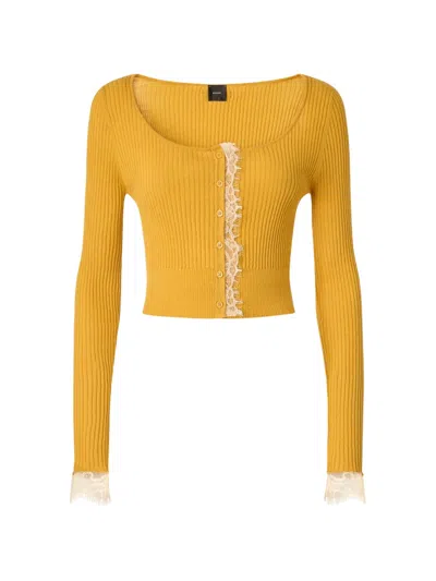 Pinko Lace-trimmed Ribbed Cardigan In Yellow