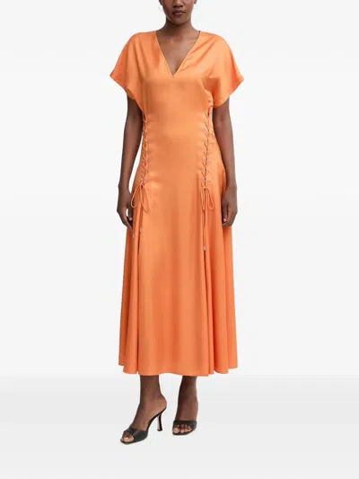 Pinko Lace-up V-neck Midi Dress In Orange