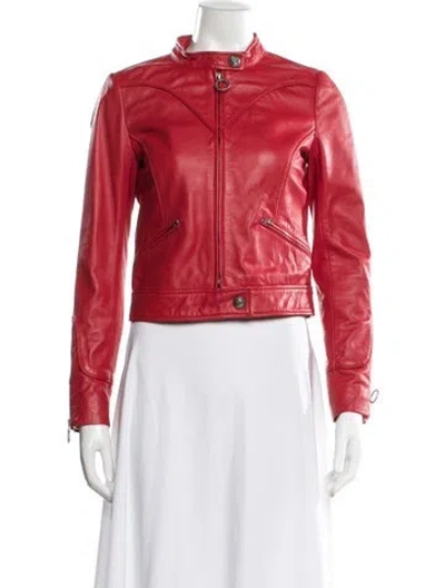 Pre-owned Pinko Lamb Leather Biker Jacket In Red