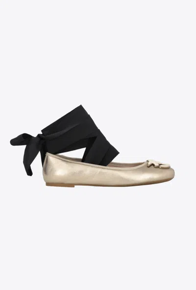 Pinko Laminated Leather Ballerinas With Ribbons In Or Clair