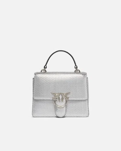 Pinko Laminated Mini Love Bag With Shoulder Strap In Argent-argent Brossé