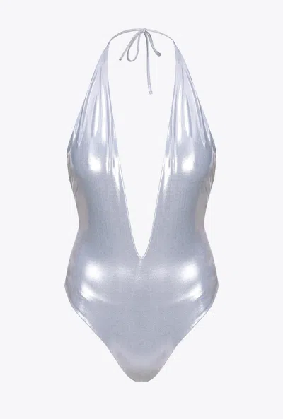 Pinko Laminated One-piece Swimsuit In Argento-metallizzato