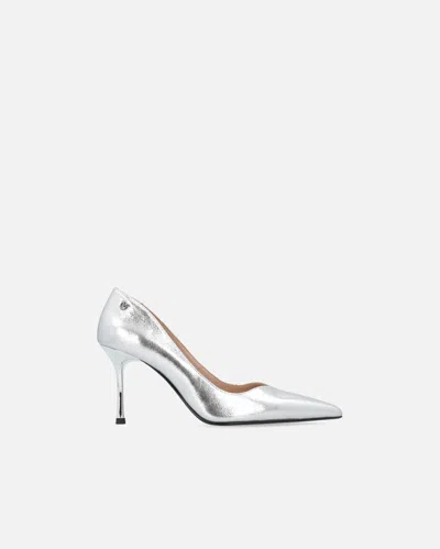 Pinko Laminated Pointed Nappa Leather Shoes With Heel In Silver