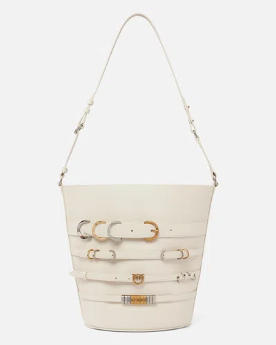Pinko Large Leather Bucket Bag With Straps In Bianco Seta-mix Gal. Gold-nikel