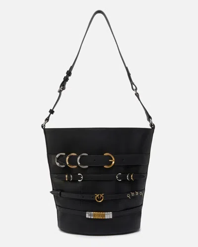 Pinko Large Leather Bucket Bag With Straps In Nero Limousine