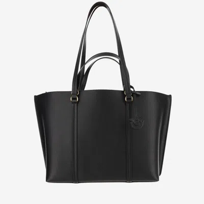 Pinko Large Leather Shopper Bag In Nero-antique Gold