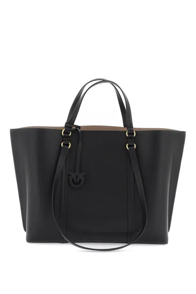 Pinko Large Leather Shopper Bag In Nero Antique Gold (black)