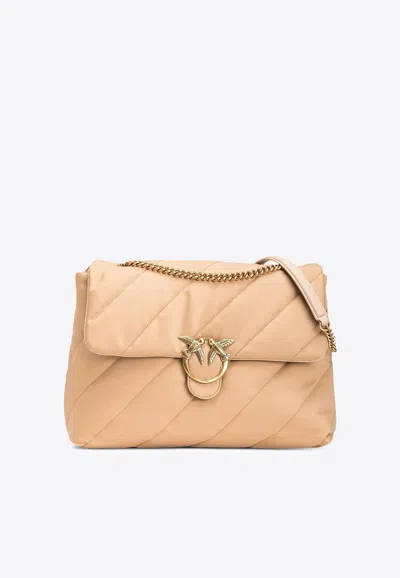 Pinko Large Puff Quilted Love Birds Crossbody Bag In Sand