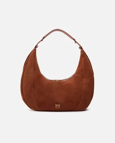 Pinko Large Suede Hobo Shoulder Bag With Leather Handle In Arab-antique Gold