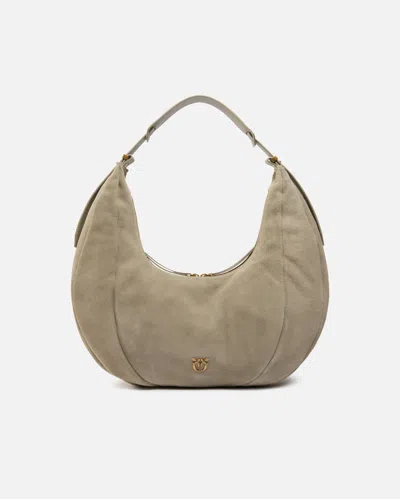 Pinko Large Suede Hobo Shoulder Bag With Leather Handle In Beige Aluminium-antique Gold