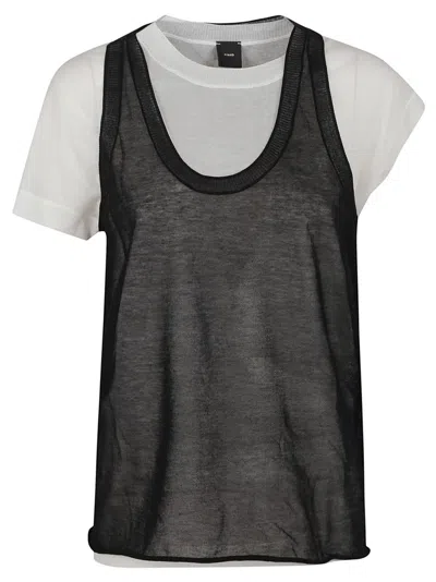 Pinko Layered White Cotton Crepe T-shirt With Matching Tank Top In Black