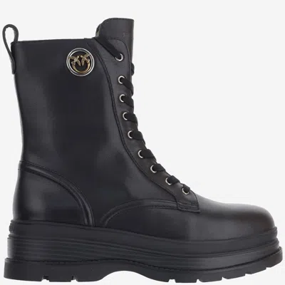 Pinko Leather Ankle Boots With Logo In Multi
