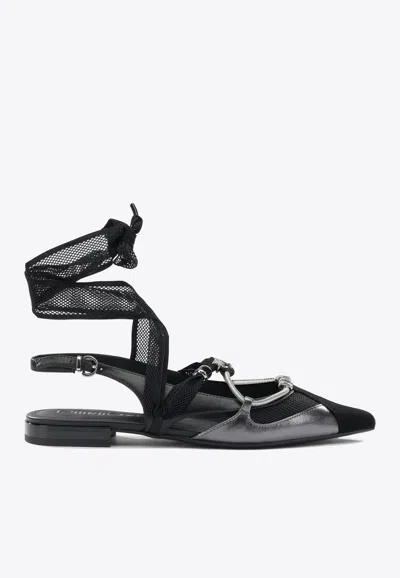 Pinko Gianira Black Ballerinas With Pointed Toe And Decorative Ankle Band In Leather And Fabric Blend Woma